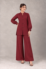 Women's linen two-piece with mandarin collar and wide-leg trousers