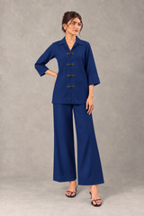 Indigo linen 2-piece with Chinese buttons and wide-leg trousers