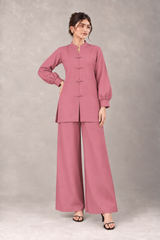 Azalea linen two-piece with mandarin collar and wide-leg trousers