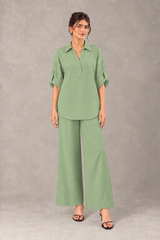 Willow linen co-ord with neckline stitching and wide-leg trousers