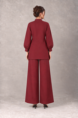 Back view of women's linen two-piece outfit