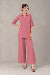 Rosa linen co-ord with neckline stitching and wide-leg trousers