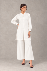 Pearl women's linen two-piece with mandarin collar and wide-leg trousers